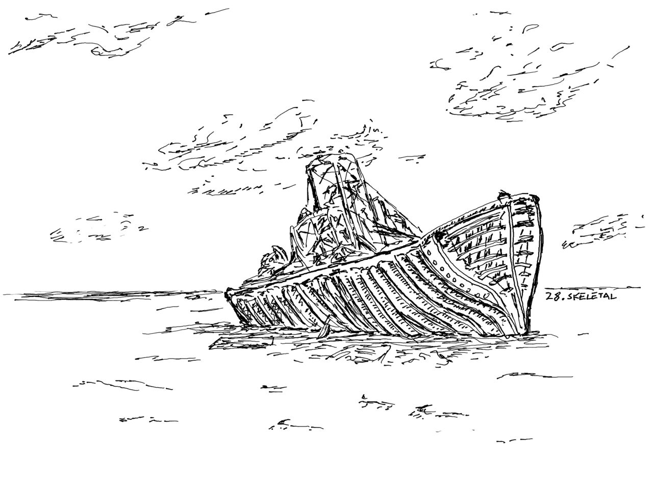 A lonely ship resting on the sand, missing all its exterior covering to reveal its metal framework